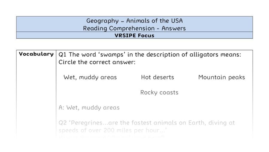 Animals of the USA - Reading Comprehension Answers - VRSIPE Focus
