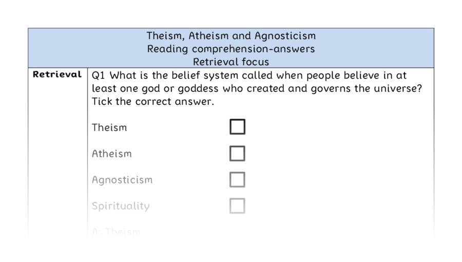 Reading comprehension - retrieval - Theism, Atheism and Agnosticism - answers