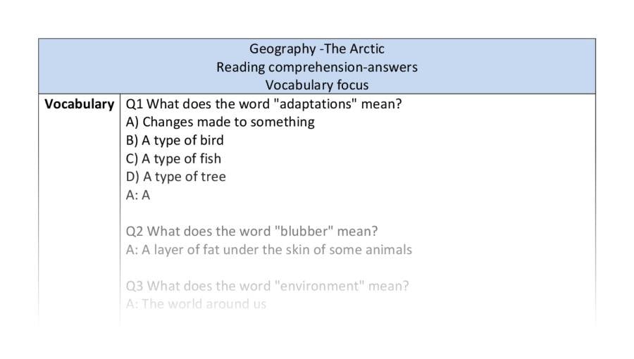 Reading comprehension - vocabulary-The Arctic - answers