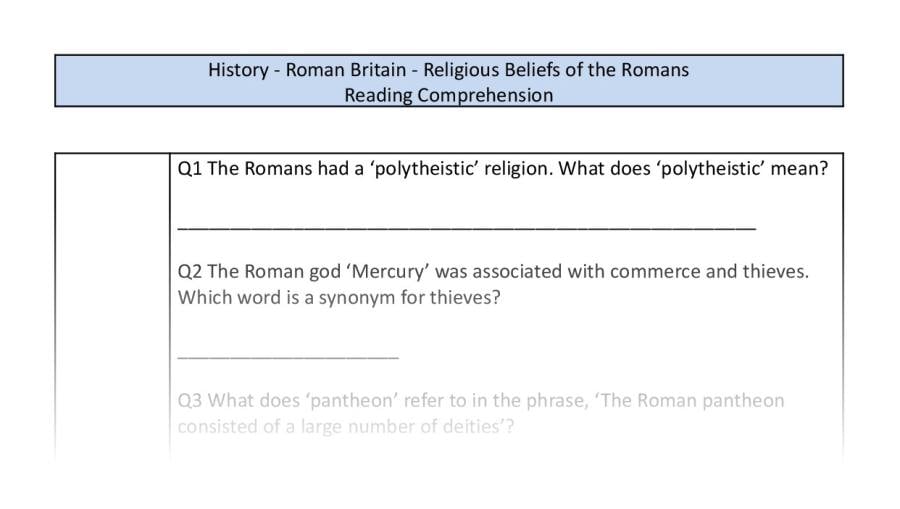 Reading Comprehension-Religious Beliefs of the Romans-Vocabulary Focus