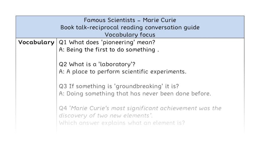 Reciprocal reading - vocabulary -Marie Curie