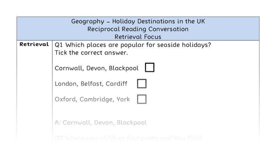 Holiday Destinations in the UK - Reciprocal Reading Conversation - Retrieval Focus