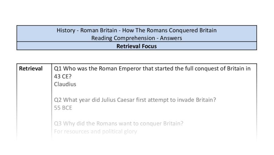 Reading Comprehension - How The Romans Conquered Britain - Retrieval Focus