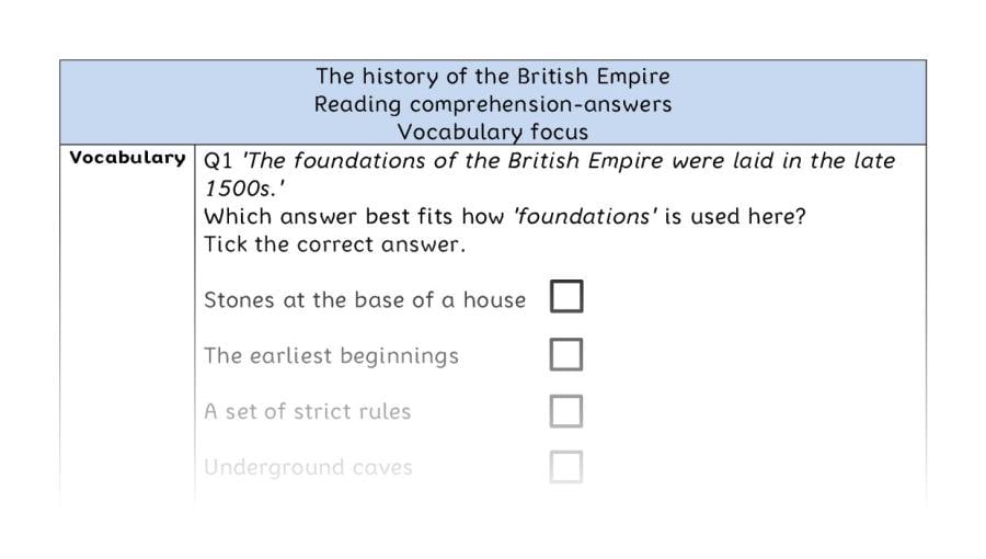 Reading comprehension - vocabulary - The history of the British Empire - answers