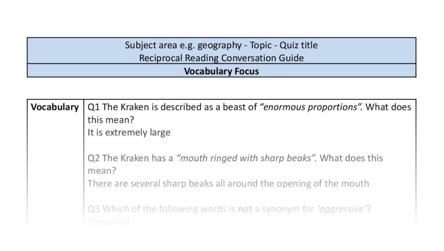Reciprocal Reading Conversation - Kraken - UKS2 - Vocabulary Focus