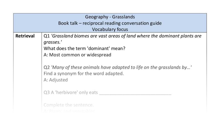 Reciprocal reading - vocabulary - grasslands