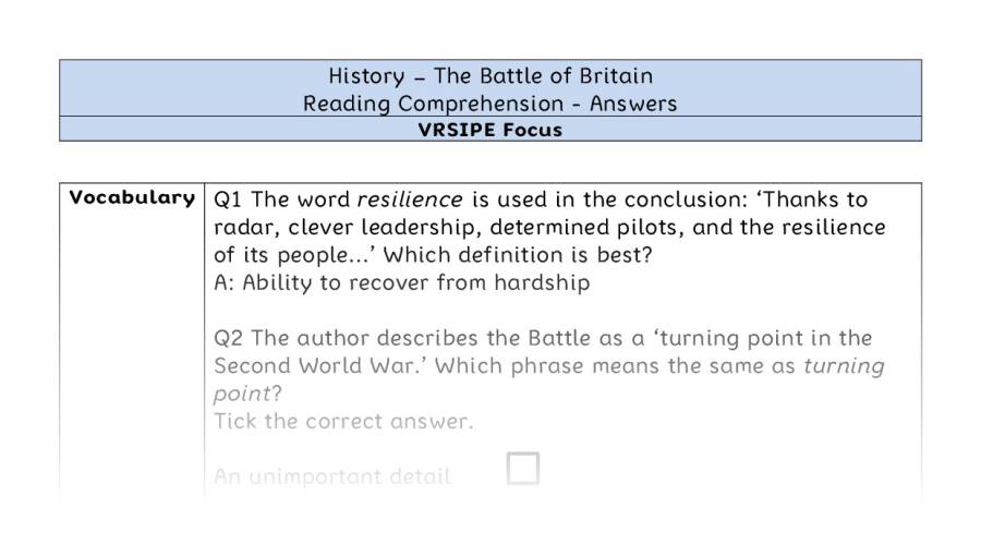 The Battle of Britain - Reading Comprehension Answers - VRSIPE Focus