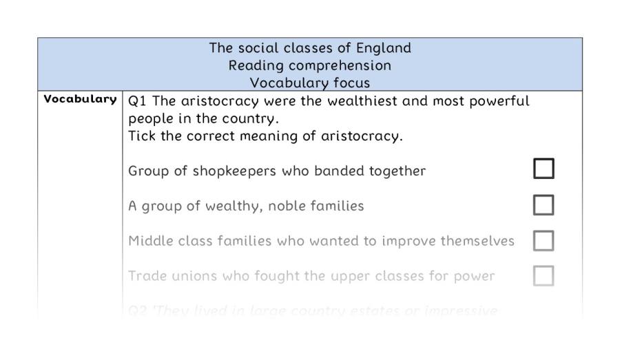 Reading comprehension - vocabulary - The social classes of England