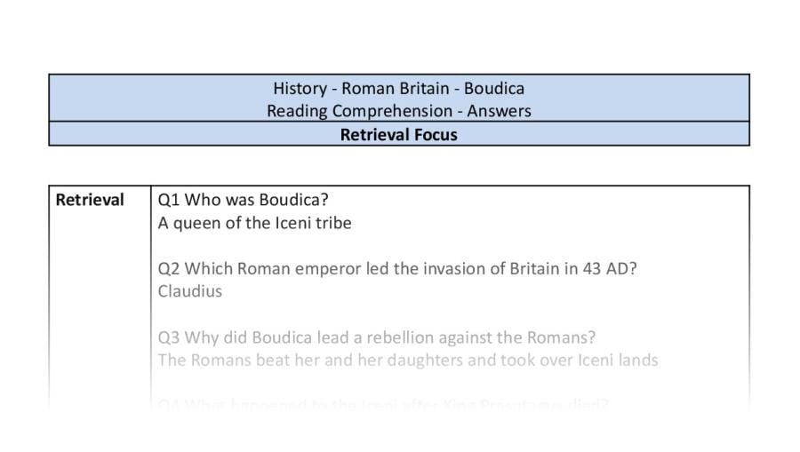 Reading Comprehension - Boudica - Retrieval Focus