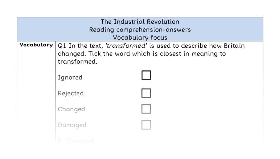 Reading comprehension - vocabulary - The Industrial Revolution - answers