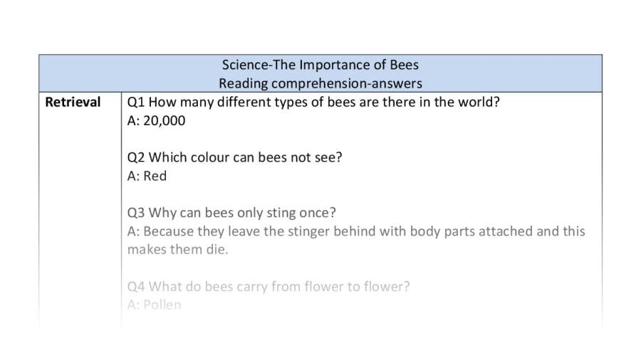 Reading comprehension - retrieval - The Importance of Bees - answers