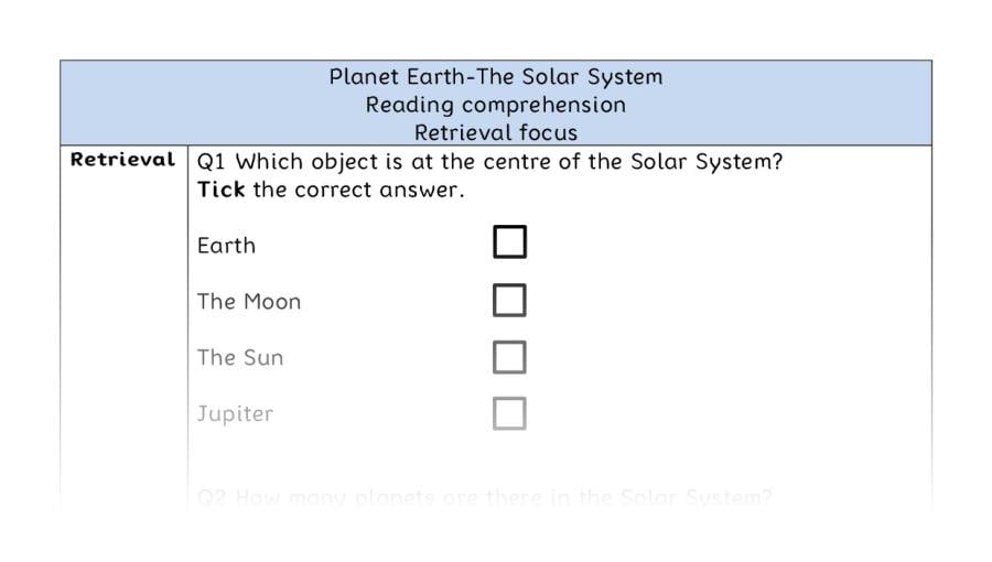 Reading comprehension - retrieval - The Solar System