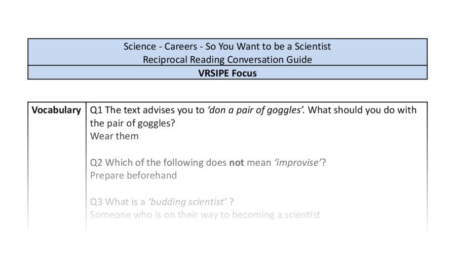 Reciprocal Reading Conversation - So You Want to be a Scientist - UKS2 - VRSIPE Focus 1