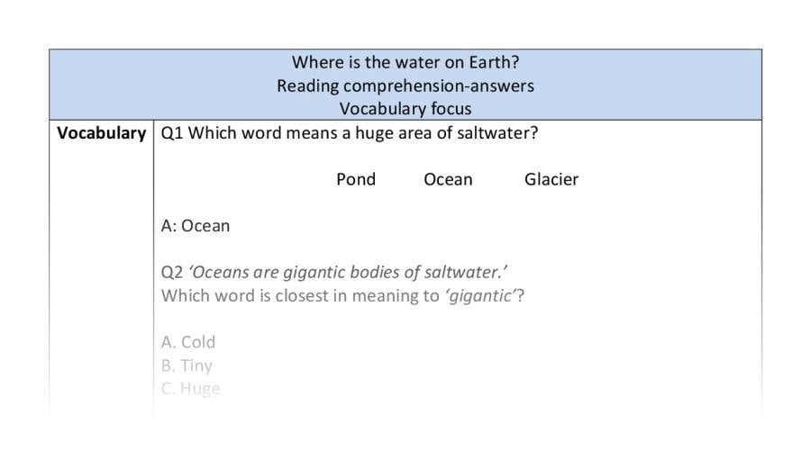 Reading comprehension - vocabulary - Where is the water on Earth - answers