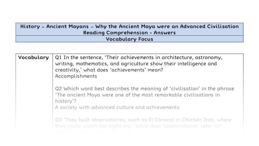 Reading Comprehension - Why the Ancient Maya were an Advanced Civilisation - Vocabulary Focus - answers