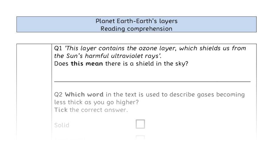 Reading comprehension VRSIPE - Planet Earth-Earths layers