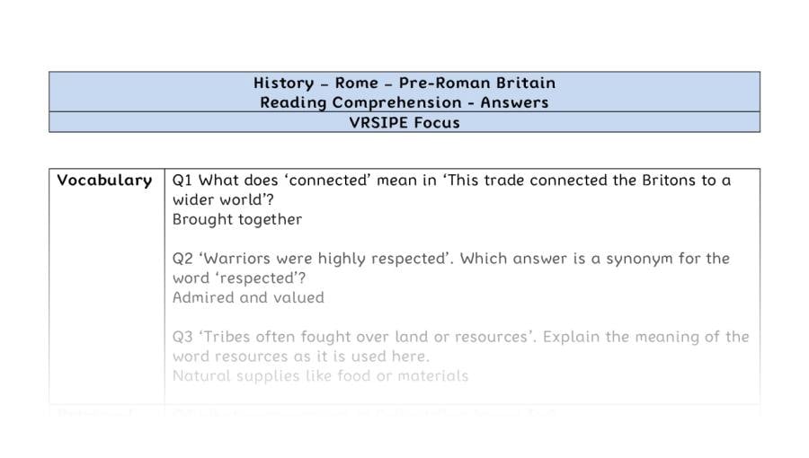 Reading Comprehension - Pre Roman Britain - VRSIPE Focus