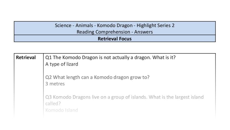 Reading Comprehension - Komodo Dragon - Retrieval Focus-answers
