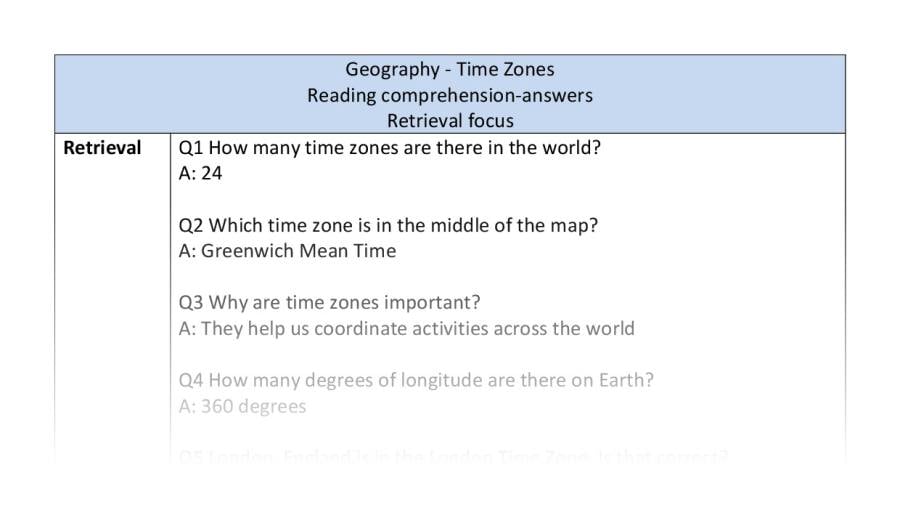 Reading comprehension - retrieval - Time Zones-answers