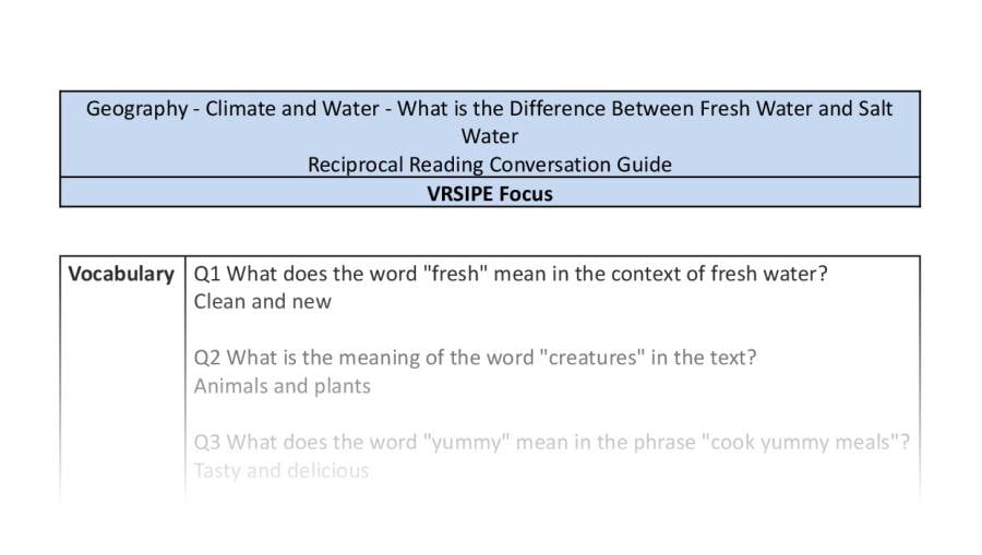 Reciprocal Reading Conversation - What is the Difference Between Fresh Water and Salt Water - VRSIPE Focus