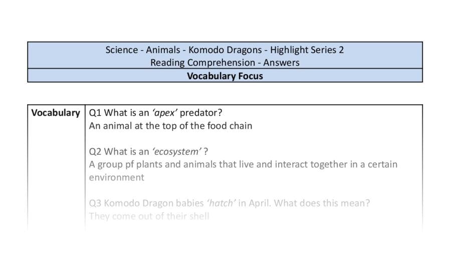 Reading Comprehension - Komodo Dragon - Vocabulary Focus-answers