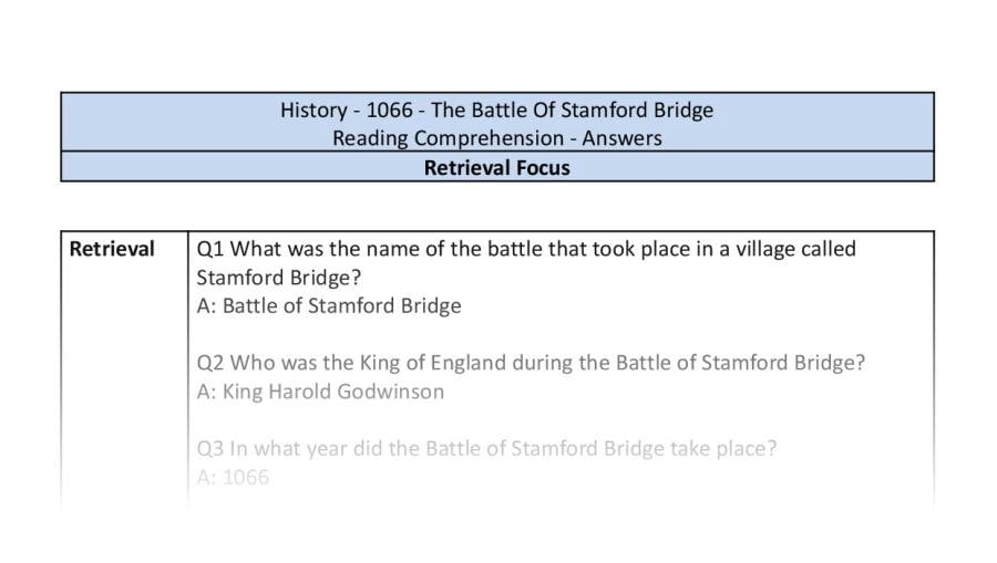 Reading Comprehension - The Battle Of Stamford Bridge - Retrieval Focus