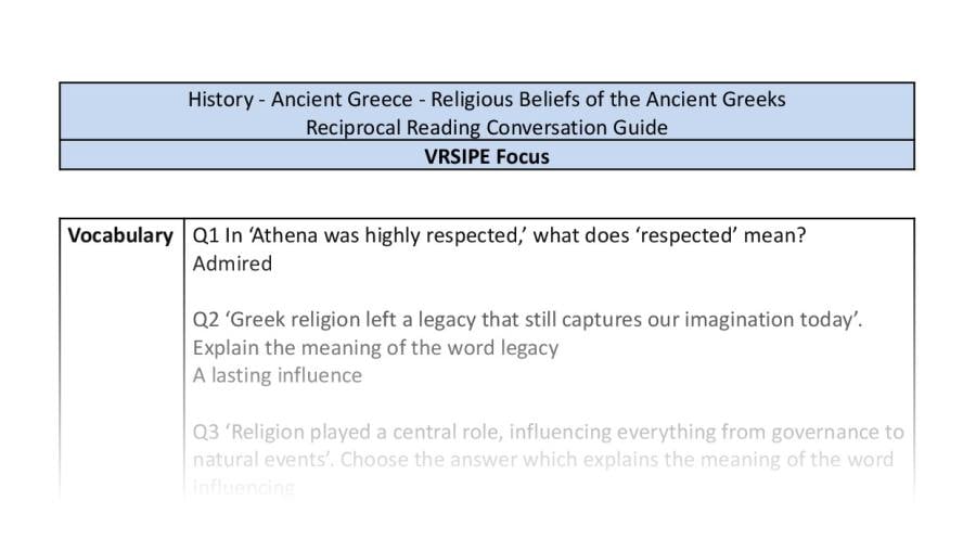 Reciprocal Reading Conversation - Religious Beliefs of the Ancient Greeks - VRSIPE Focus