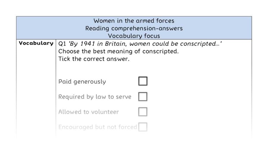 Reading comprehension - vocabulary - Women in the armed forces - answers