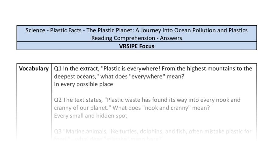 Reading comprehension-VRSIPE-the plastic planet-answers