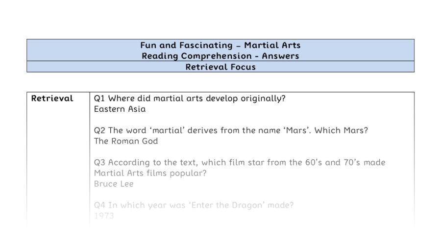 Reading Comprehension - Martial Arts - UKS2 - Retrieval Focus