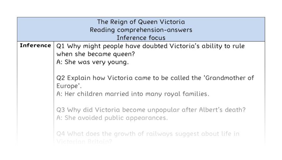Reading comprehension - inference - The Reign of Queen Victoria - answers