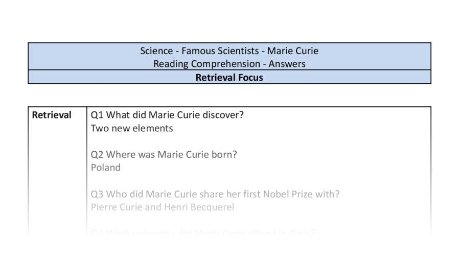 Reading comp - Famous Scientists-Marie Curie - retrieval-answers