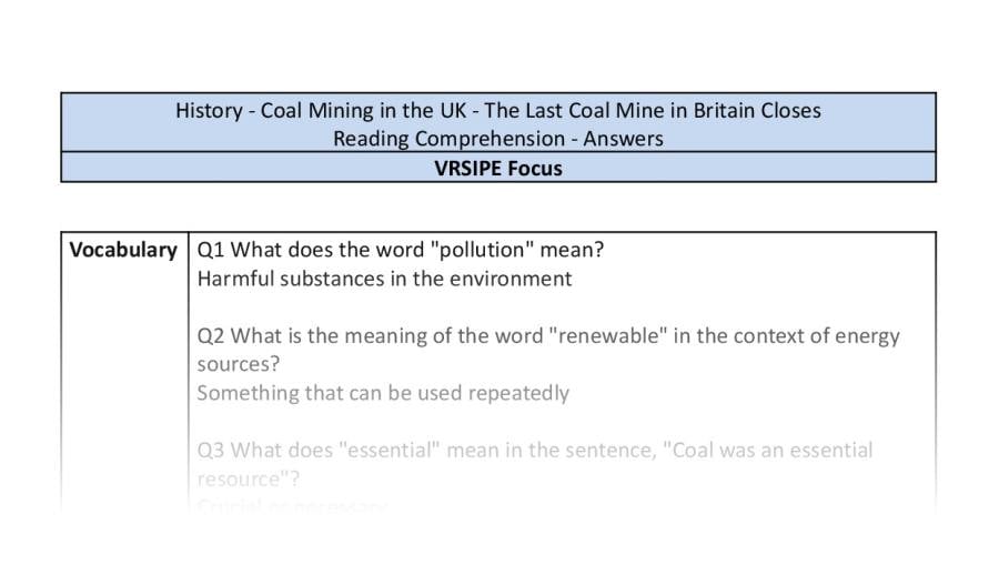 Reading Comprehension-The Last Coal Mine in Britain Closes-VRSIPE Focus-answers