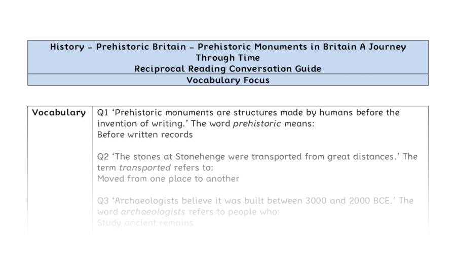 Reciprocal Reading Conversation - Prehistoric Monuments in Britain A Journey Through Time - Vocabulary Focus