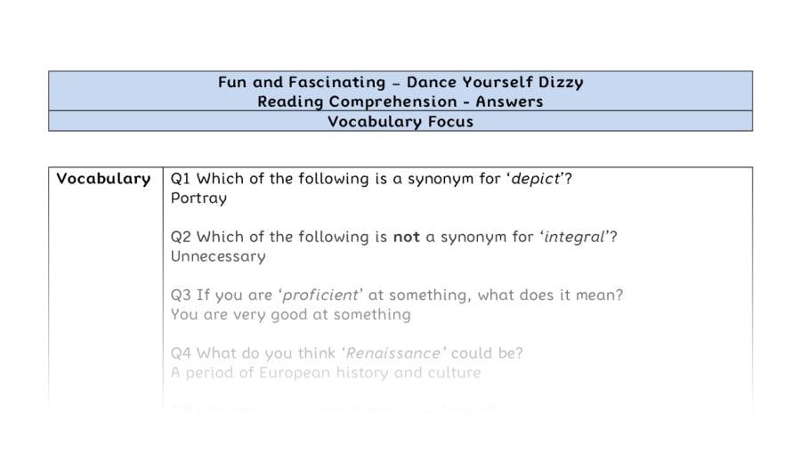 Reading Comprehension - Dance Yourself Dizzy - UKS2 - Vocabulary Focus