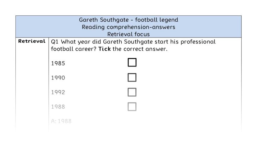 Reading comprehension - retrieval - Gareth Southgate - football legend - answers