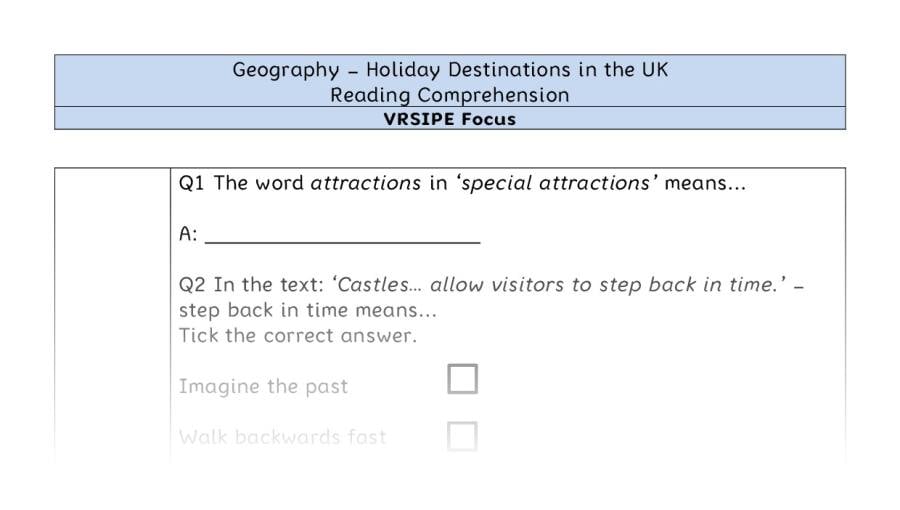 Holiday Destinations in the UK - Reading Comprehension - VRSIPE Focus