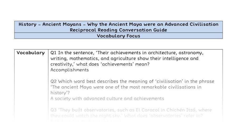 Reciprocal Reading Conversation - Why the Ancient Maya were an Advanced Civilisation - Vocabulary Focus