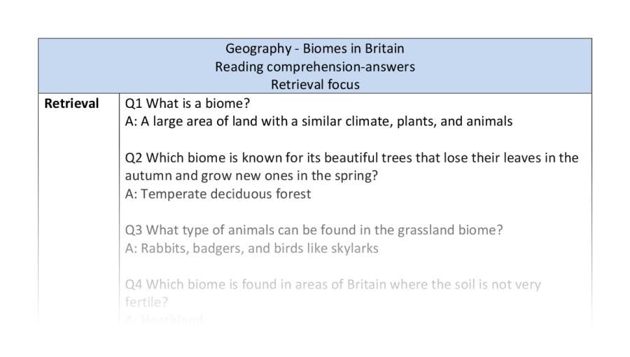 Reading comprehension - retrieval - biomes in Britain