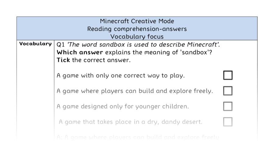 Reading comprehension - vocabulary - Minecraft Creative Mode - answers