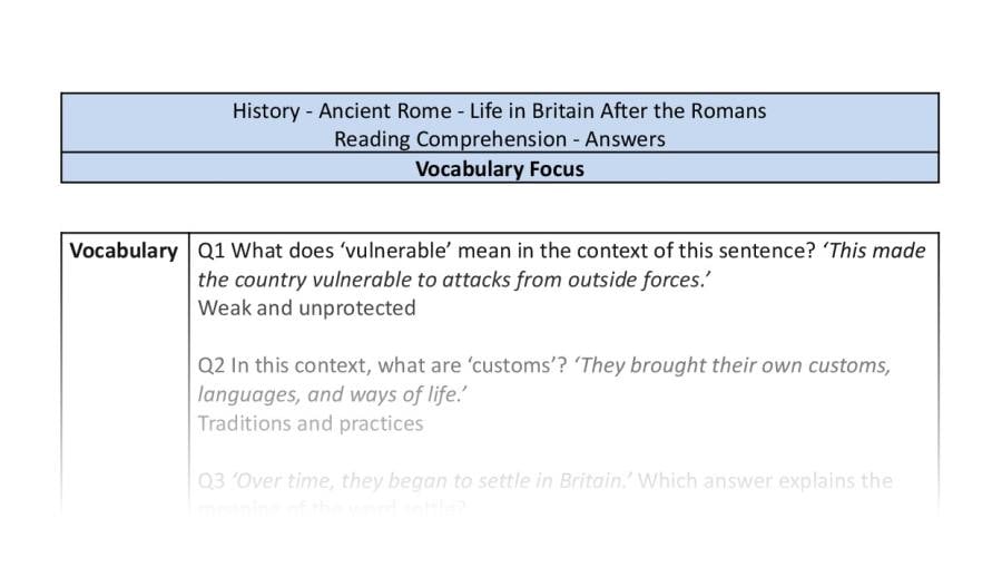 Reading Comprehension - Life in Britain After the Romans - Vocabulary Focus