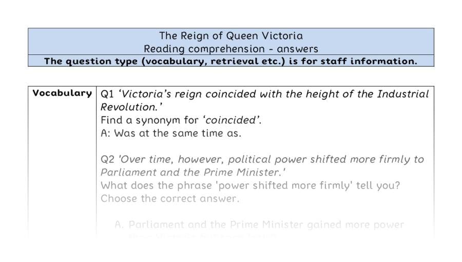Reading comprehension - VRSIPE - The Reign of Queen Victoria - answers