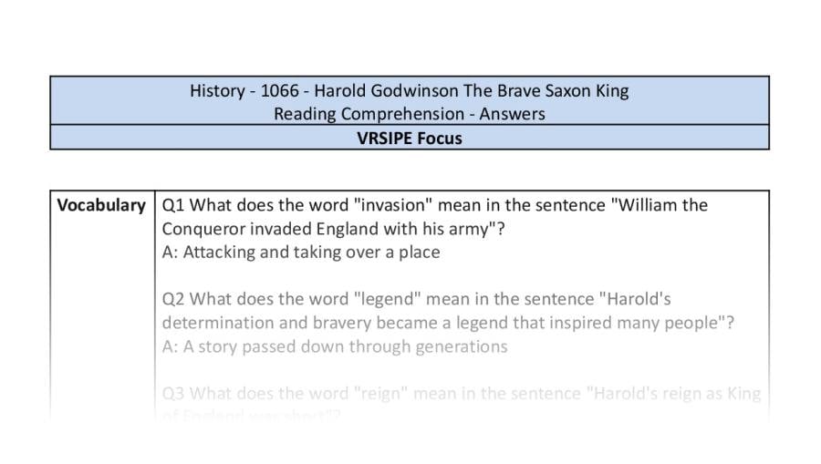 Reading Comprehension-Harold Godwinson The Brave Saxon King-VRSIPE-answers