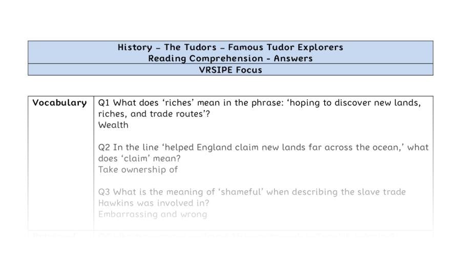 Reading comprehension - famous Tudor explorers - VRSIPE-answers