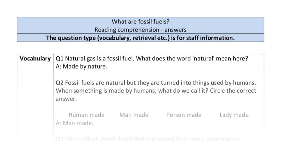 Reading comprehension - VRSIPE - What are fossil fuels - answers