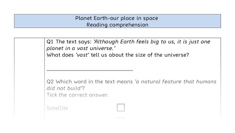 Reading comprehension VRSIPE - Planet Earth-our place in space