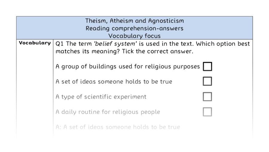 Reading comprehension - vocabulary -Theism, Atheism and Agnosticism - answers