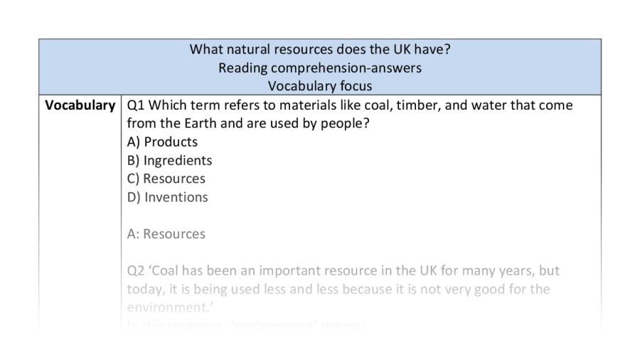 Reading comprehension - vocabulary - What natural resources does the UK have