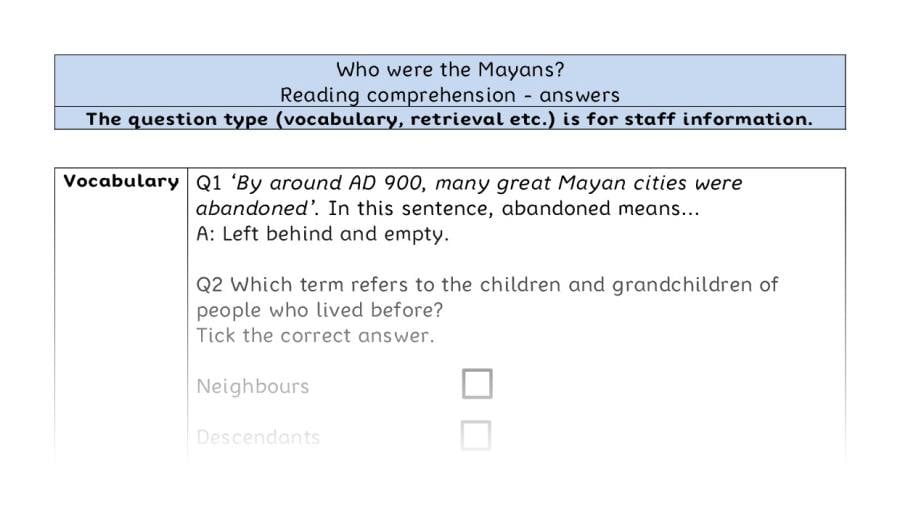Reading comprehension VRSIPE - Who were the Mayans - answers