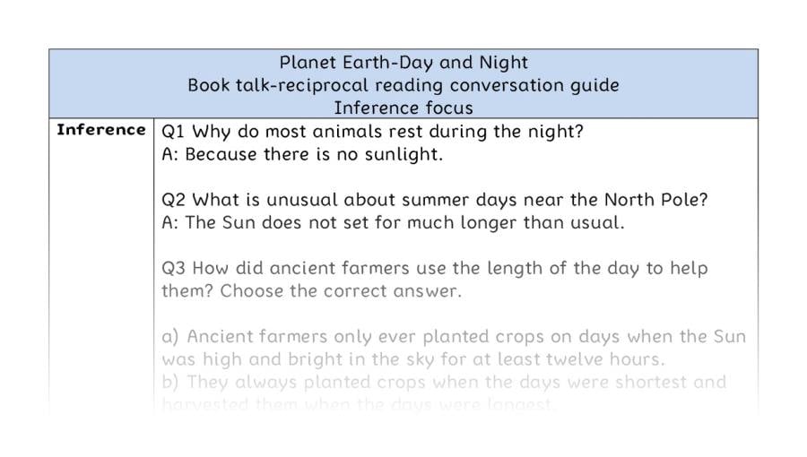 Reciprocal reading - inference - Planet Earth-Day and Night